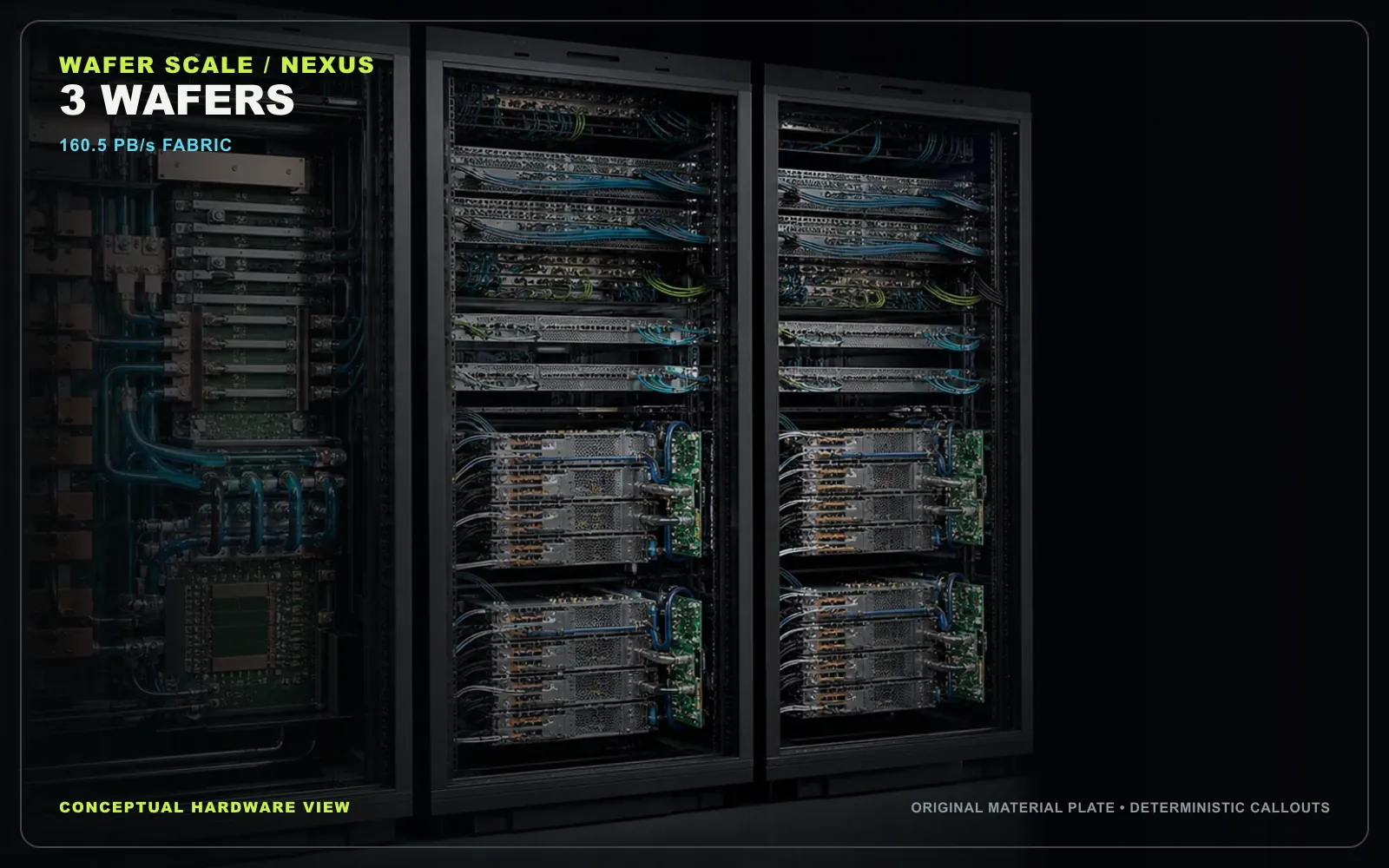 A Cerebras system-scale conceptual hardware view showing the physical service boundary discussed in the article. This is an original material rendering with deterministic editorial callouts, not a product photograph, floorplan or manufacturing drawing. Original figure created for this article.
