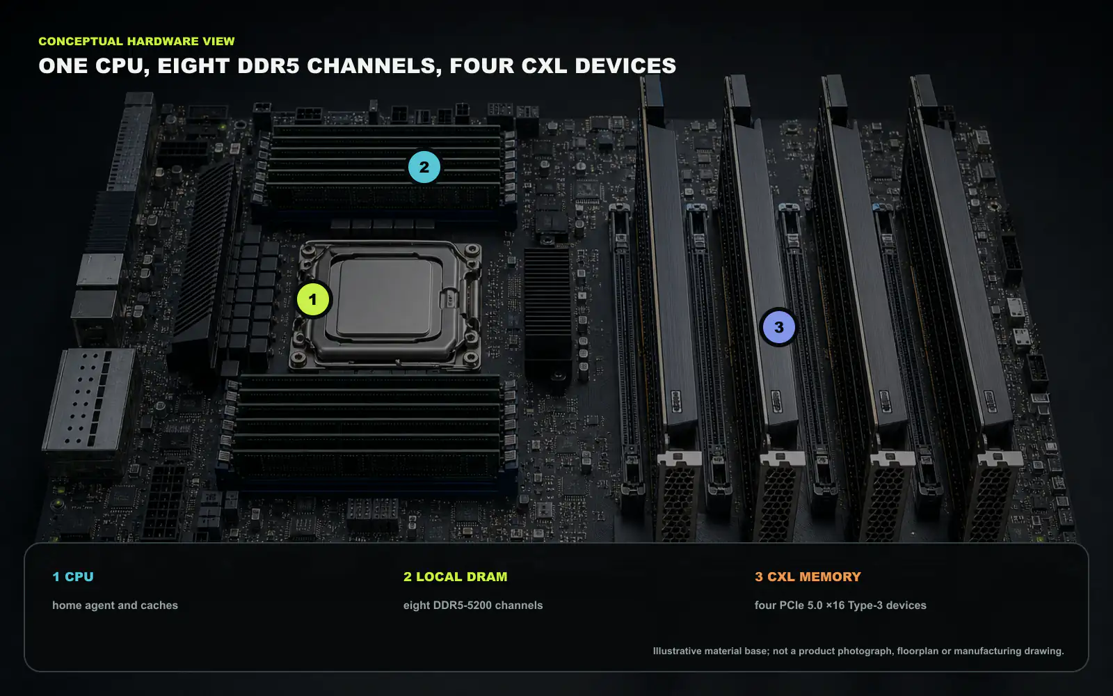 평가한 메모리 계층의 개념 물리 도판입니다. CPU 하나, 로컬 DDR5 채널 8개, 직접 연결 CXL Type-3 장치 4개를 보여 줍니다. 장치 규모를 설명하기 위한 재질 렌더링으로 제품 사진이나 제조 도면이 아니며, 개수와 인터페이스 표시는 코드로 합성했습니다. 이 글을 위해 새로 만든 도판.