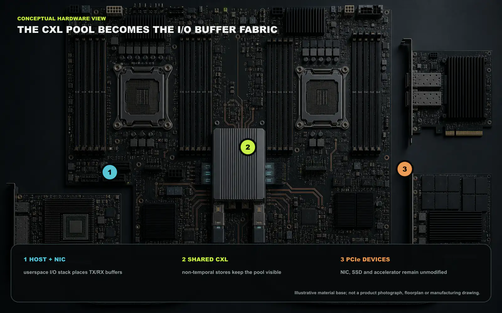 Conceptual hardware view of software PCIe pooling. A server and peripheral cards remain physically attached, while a shared CXL memory device holds I/O buffers visible to remote hosts and DMA-capable devices. The material rendering is illustrative, not a product photograph or manufacturing drawing; labels and roles are deterministic overlays. Original figure created for this article.