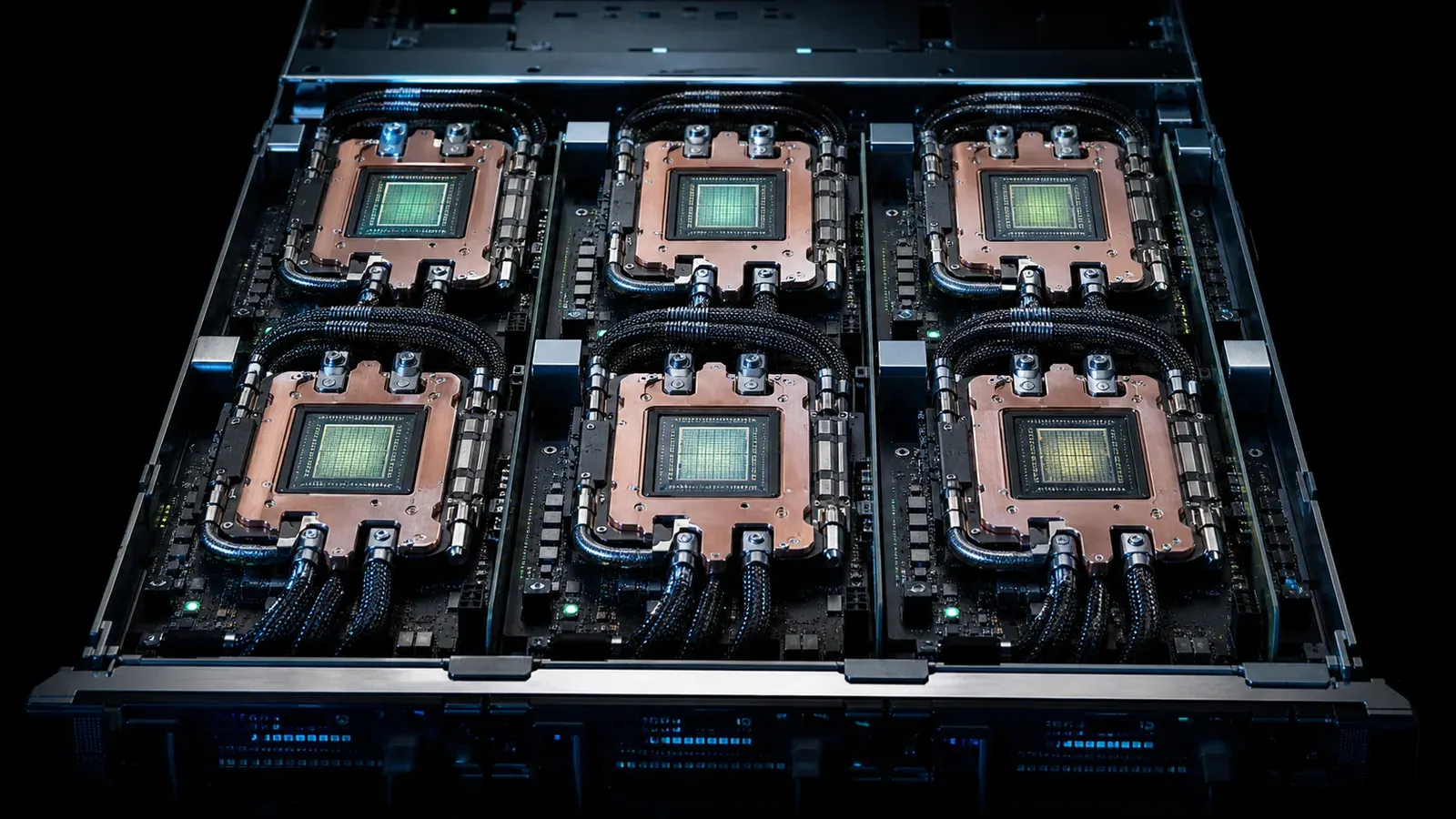 Six nominally identical accelerator modules installed in one server tray. The repeated physical structure emphasizes that a shared product label can hide device-level differences. This is a conceptual hardware plate, not a photograph of a provider or product. Original figure created for this article.