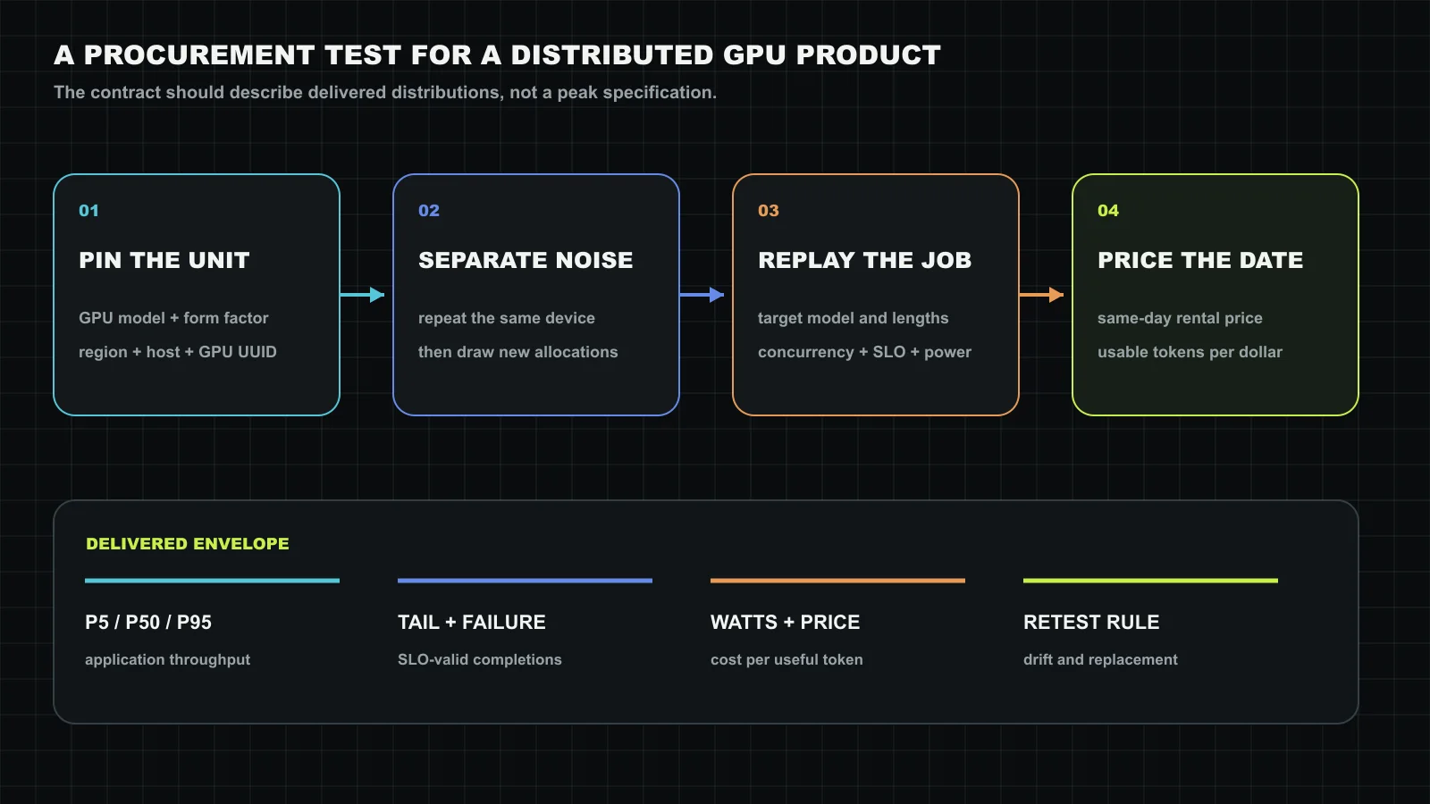 A four-layer qualification workflow for cloud accelerators. The buyer records the physical unit, separates repeated-run noise from new allocations, replays the target application, and prices the result on one date. The output is a delivered P5, P50, and P95 envelope with tail behavior, cost, and a retest rule. Original figure created for this article.