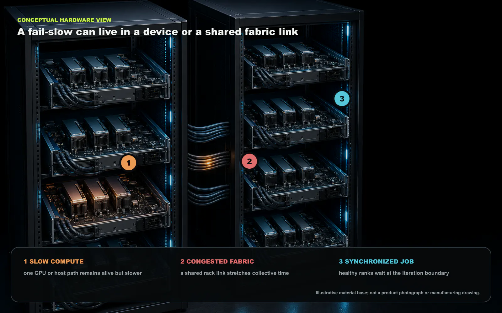 Two AI training racks expose a slow compute tray and a congested shared fabric path. The components remain alive, but synchronized ranks wait for the slow path at iteration boundaries. This is a conceptual hardware view, not a product photograph or manufacturing drawing. Original figure created for this article.
