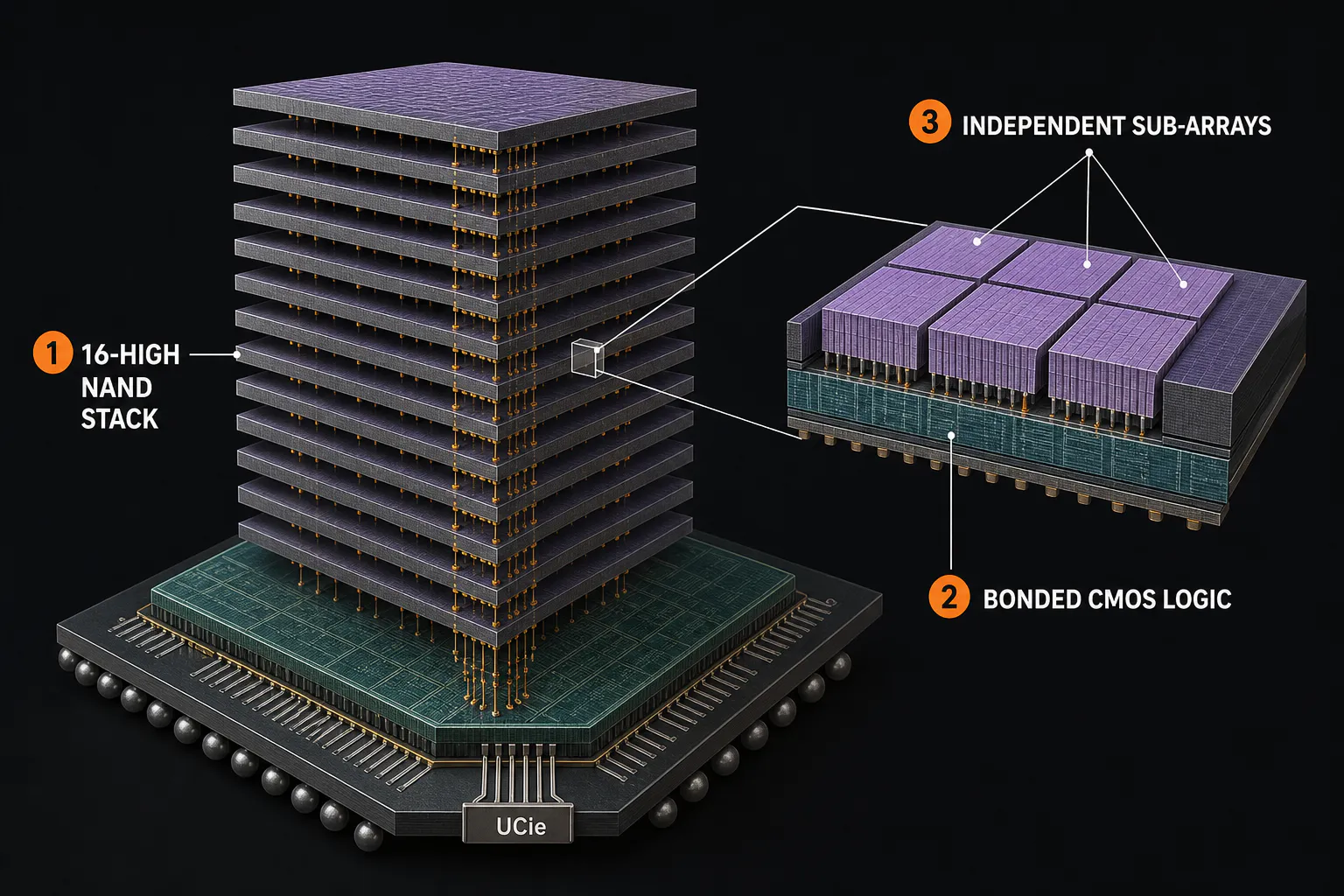 HBF 패키지의 개념적 구성. 얇게 만든 NAND 다이 16개가 베이스 다이 위에 쌓입니다. 오른쪽 확대 단면은 여러 독립 NAND 하위 배열이 CMOS 로직층과 접합되는 구조를 보여 줍니다. UCIe 연결은 패키지 가장자리에 표시했습니다. 층 수와 기능 순서는 규격을 따르지만 크기와 물리 배치는 설명을 위한 표현입니다. 이 글을 위해 새로 만든 도판.
