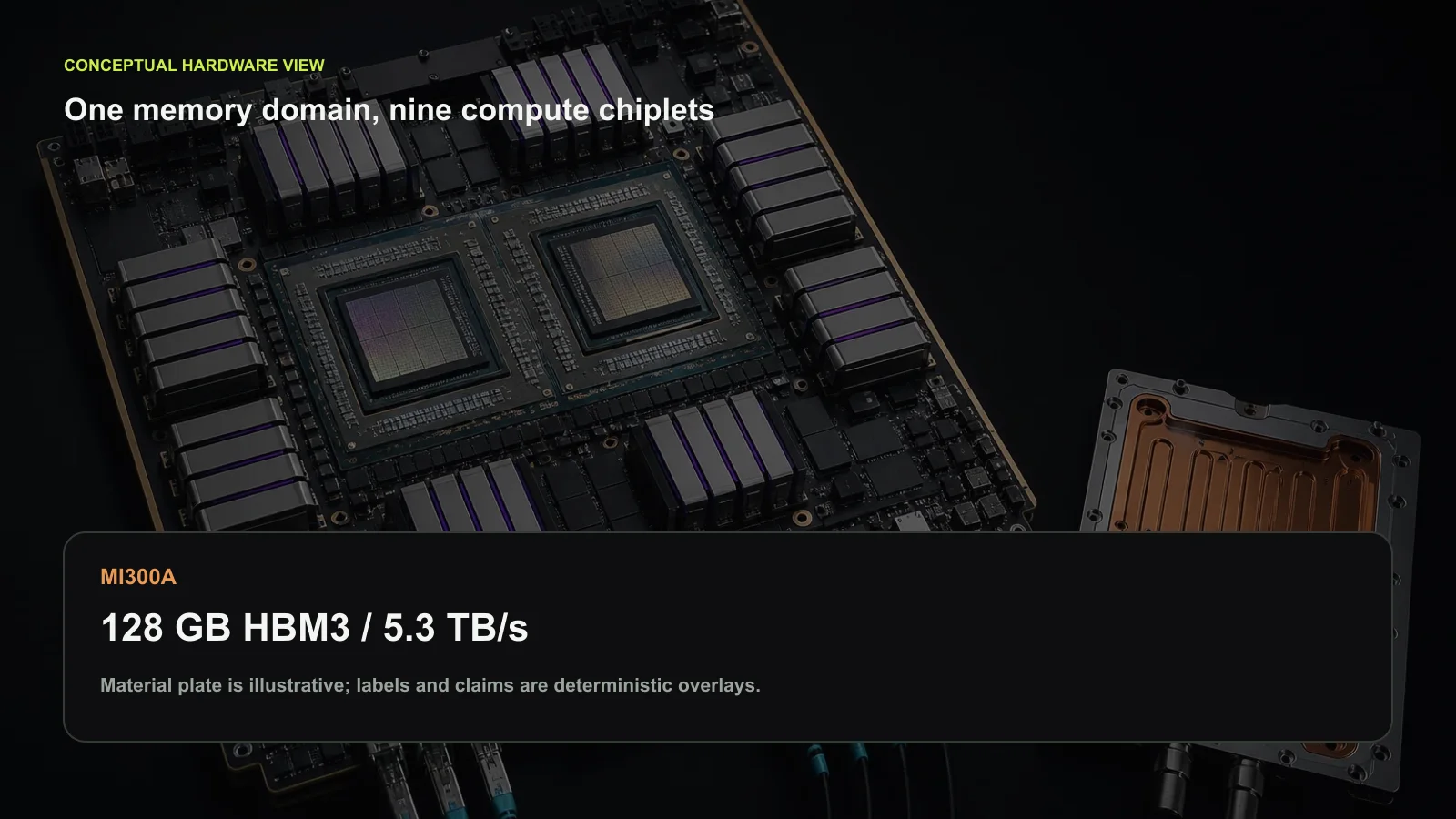 MI300A 집적 구조의 개념적 하드웨어 도판. GPU 칩렛 6개, CPU 칩렛 3개, 기반 I/O 다이 4개, HBM3 스택 8개가 하나의 일관된 메모리 영역을 공유합니다. 논문이 밝힌 동작점은 128 GB와 약 5.3 TB/s입니다. 실제 제품 사진, 다이 사진, 제조 도면이 아닙니다. 이 글을 위해 새로 만든 도판.