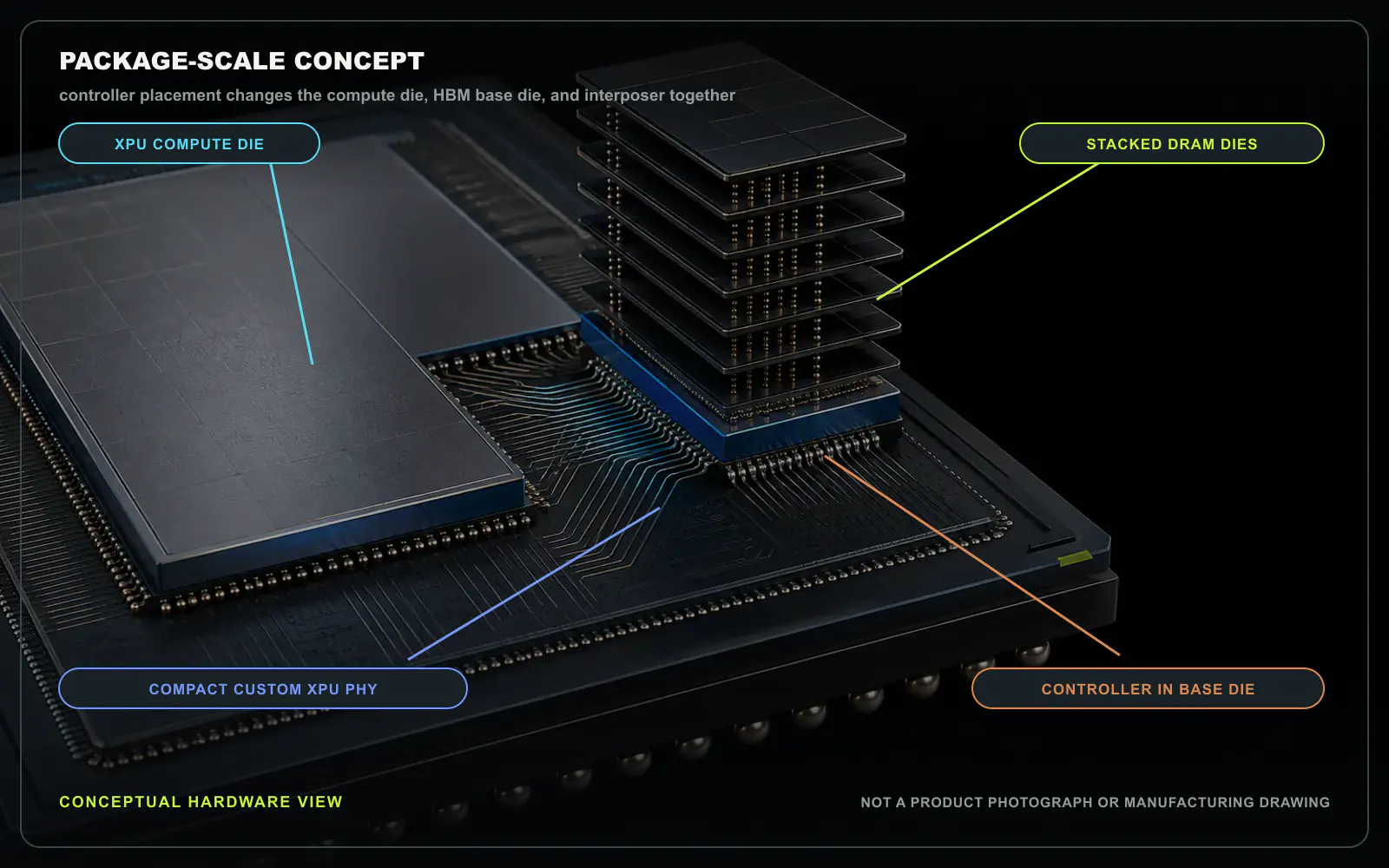 Conceptual package-scale view of an XPU beside one exploded HBM stack. The stacked DRAM dies sit above a distinct base die that contains the custom controller, while a compact XPU-side PHY reaches it across the interposer. The scene is not a product photograph, die floorplan or manufacturing drawing. Original figure created for this article.