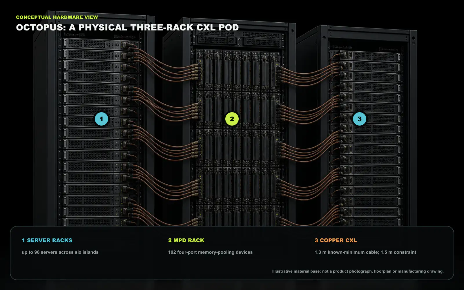 Conceptual physical view of the Octopus pod. Servers occupy the two outer racks and multi-ported memory-pooling devices occupy the center rack. The material rendering illustrates scale and cable placement; it is not a product photograph, floorplan or manufacturing drawing. Exact counts and cable constraints are deterministic overlays. Original figure created for this article.