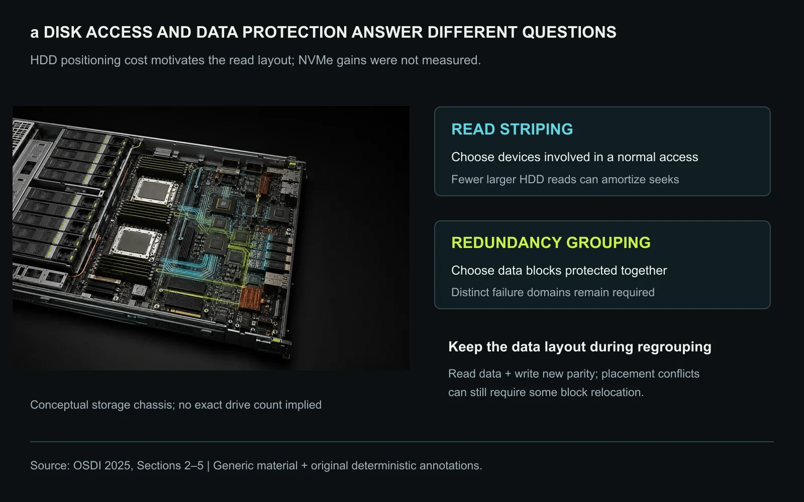 A conceptual HDD storage view distinguishes device positioning work from useful transfer, while the deterministic overlay separates read width from erasure-code grouping. The generic material is not the evaluated cluster’s product photograph. Original figure created for this article.