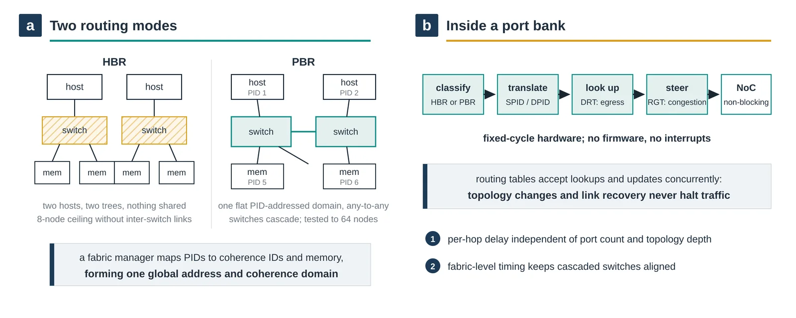 From port bank to fabric. a, HBR confines each host to its own tree and caps an inter-switch-less fabric at 8 nodes, while PBR flattens hosts, accelerators and memory into one PID-addressed domain that cascades to 64 nodes. b, Each port bank classifies traffic, translates HBR to PBR, resolves the egress through the DRT, steers around congestion through the RGT, and crosses a non-blocking NoC, all in fixed-cycle hardware without firmware. Original figure created for this article.