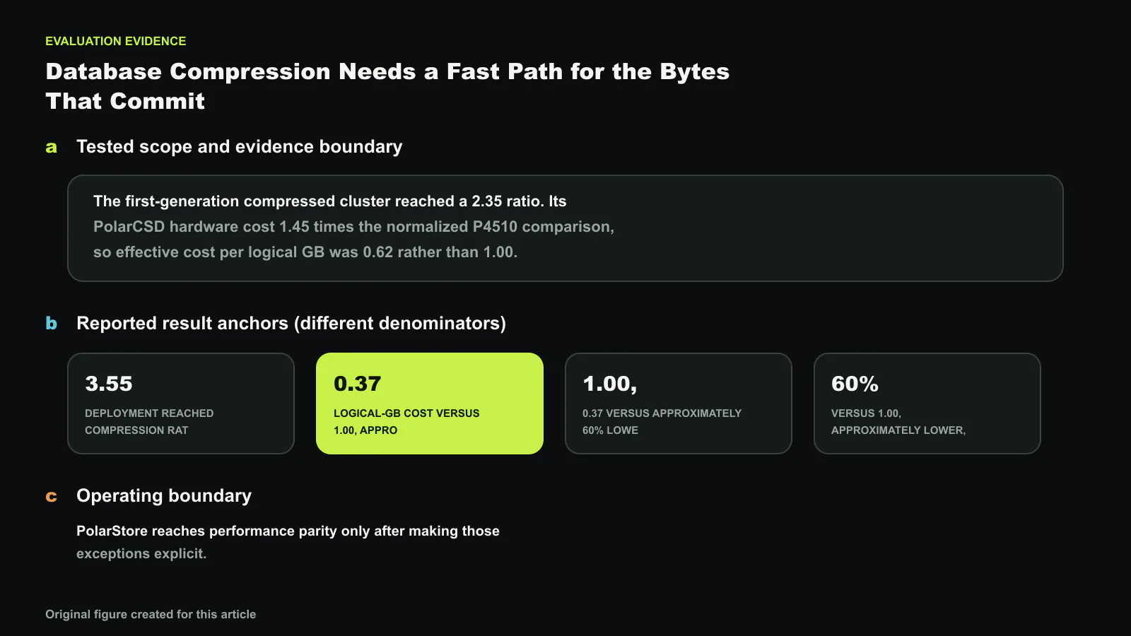 PolarStore: High-Performance Data Compression for Large-Scale Cloud-Native Databases의 평가 근거를 시험 범위, 서로 다른 분모의 결과 지표, 적용 한계로 나눴습니다. 도판에 표시한 보고값은 3.55, 0.37, 1.00, app, 60%이며 한 개의 합산 개선폭으로 해석하지 않습니다. 정확한 수치와 라벨은 코드로 합성했으며, 이 글을 위해 새로 만든 도판입니다.