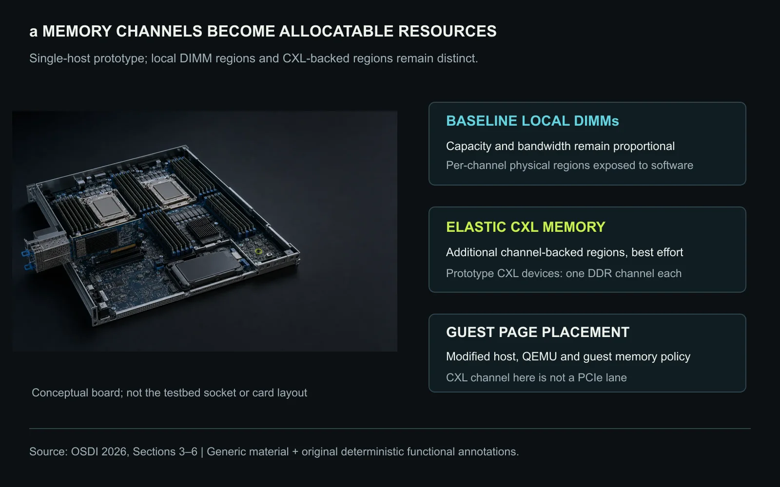 Conceptual server memory view separating local DIMM channels from CXL-attached memory. RamRyder controls the physical regions backing guest pages; exact channel ownership and resource roles are added as deterministic annotations. The generic material layer is not a product photograph, actual testbed layout, or manufacturing drawing. Original figure created for this article.