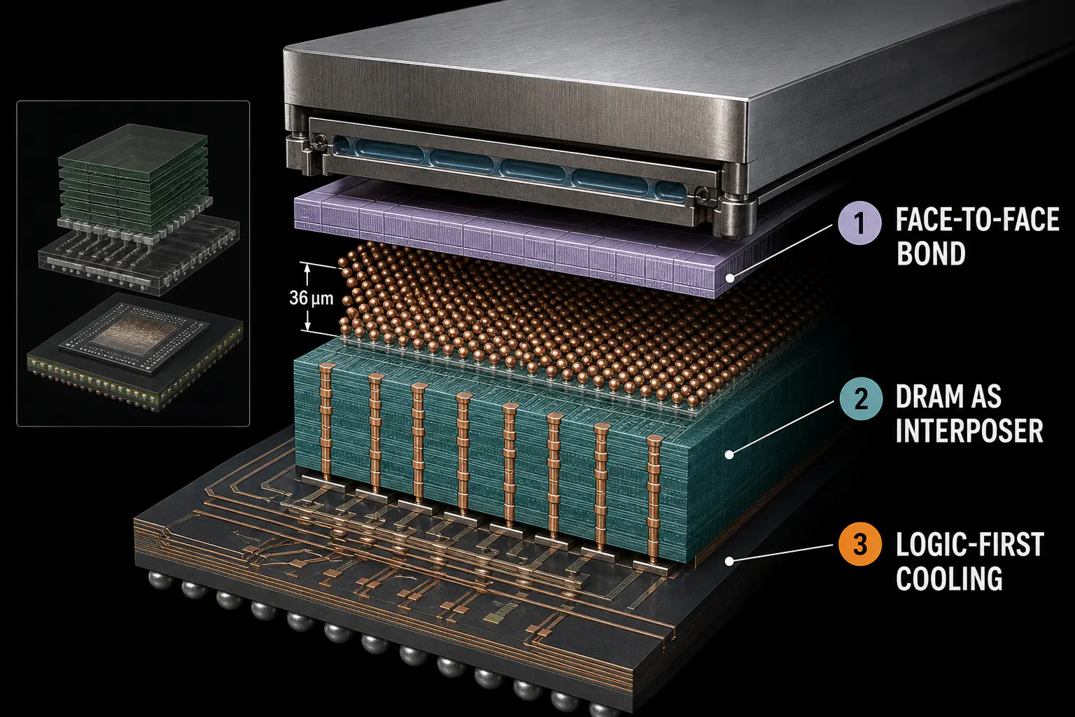 Conceptual exploded view of the Raptor package. A cold plate contacts the compute die, a 36 µm face-to-face microbump field joins logic to custom DRAM, and TSVs carry PCIe and die-to-die signals through the memory die to the substrate. The layer order follows the published architecture, but geometry and scale are illustrative rather than a product mechanical drawing. Original figure created for this article.