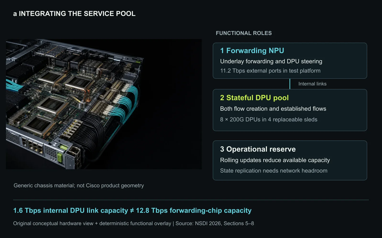 Physical role separation in a conceptual SmartSwitch chassis. The forwarding ASIC serves the underlay; replaceable DPU resources execute stateful services through internal links. Labels and paths are deterministic editorial overlays on a generic material illustration, not a product photograph, verified product layout, or manufacturing drawing. Original figure created for this article.