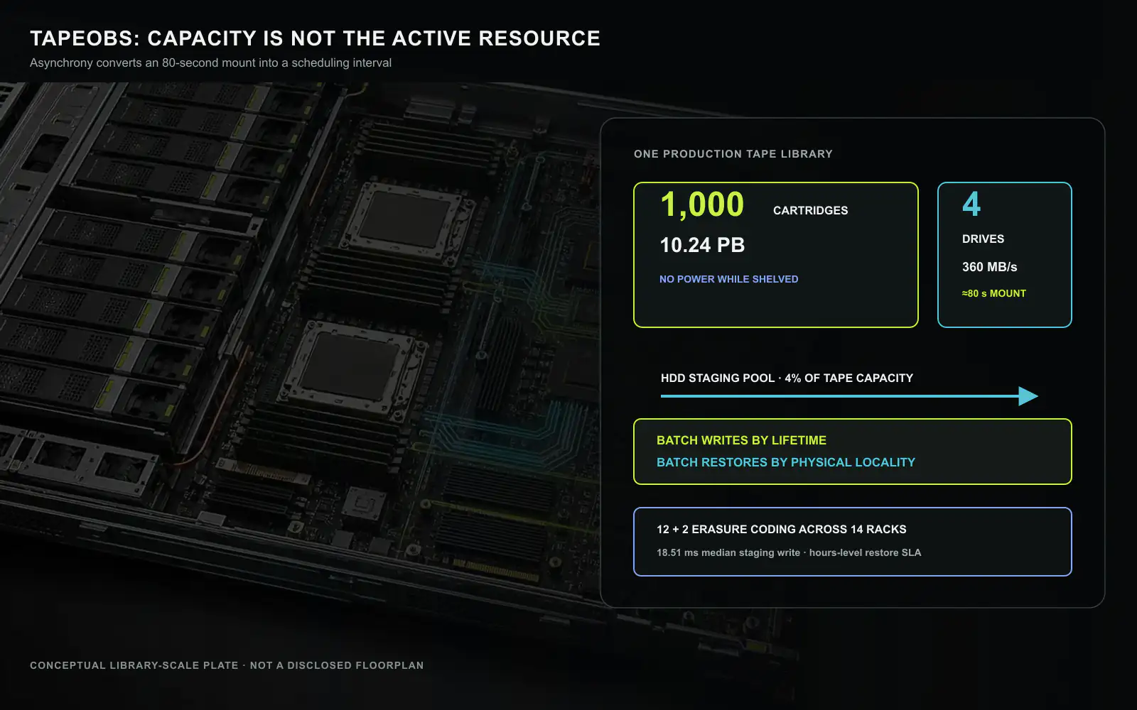 A conceptual library-scale plate separates stored capacity from active resources in TapeOBS. One reported library holds 1,000 cartridges and 10.24 PB but has four 360 MB/s drives; a cartridge exchange takes about 80 seconds. An HDD staging pool sized near 4% of tape capacity allows writes and restores to be batched. Production uses 12+2 erasure coding across fourteen racks. The background is a generic server material plate, not Huawei’s library floorplan or a product photograph; topology, labels, and measurements were drawn deterministically from the paper. Original figure created for this article.