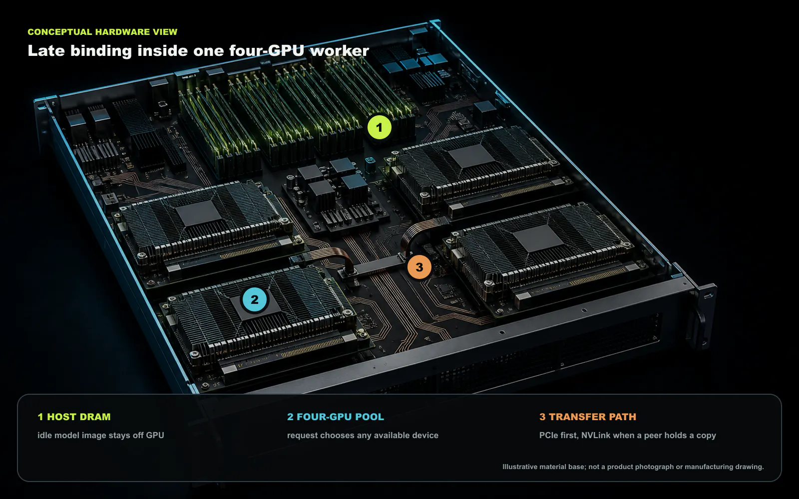 호스트 DRAM, 로컬 가속기 풀, 모델 전송 경로가 보이는 4-GPU 서버 트레이입니다. 쉬는 모델은 호스트 메모리에 남고 새 요청은 사용 가능한 GPU를 선택할 수 있습니다. 특정 제품의 사진이나 제조 도면이 아니라 이 글을 위해 만든 개념 하드웨어 도판입니다.