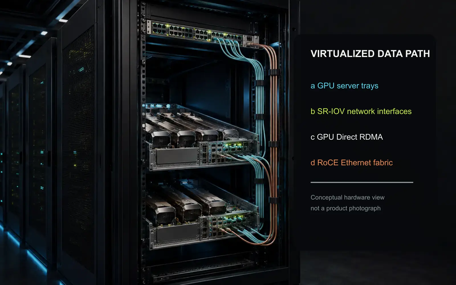 Conceptual rack-scale material view for Vela. The generated material layer shows GPU server trays, NIC regions, disciplined cabling, and a top-of-rack Ethernet switch; deterministic labels identify the GPU Direct and SR-IOV path. It is not an IBM product photograph, rack floorplan, or manufacturing drawing. Original figure created for this article.